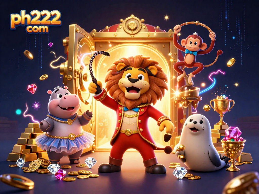 Join the adventure at ph222 com with our circus characters surrounded by treasures and casino elements.