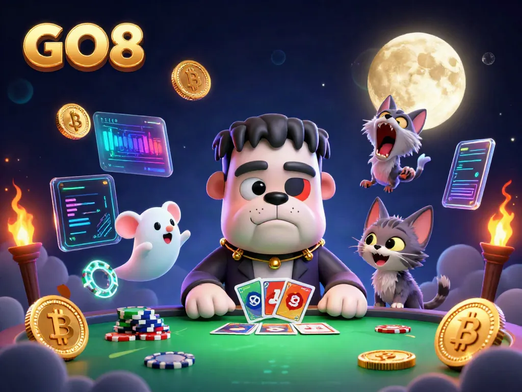 GO8 Frankenstein bulldog dealing cards at a casino table with a ghost mouse, showcasing vibrant gambling elements.