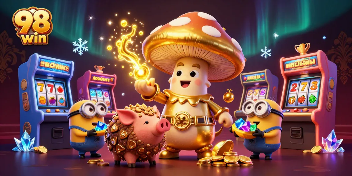 Engage with exciting 98 win casino gameplay visuals showcasing vibrant characters and golden treasures.