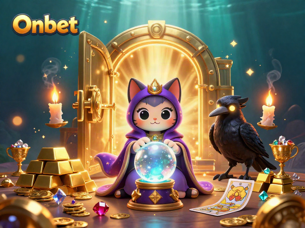 Onbet reveals a fortune teller cat, tarot raven, and treasure in a vibrant casino-themed 3D scene.