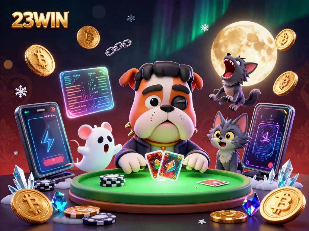 Experience thrilling gameplay at 23WIN with a unique casino scene featuring a thrilling dog dealer and crypto coins.