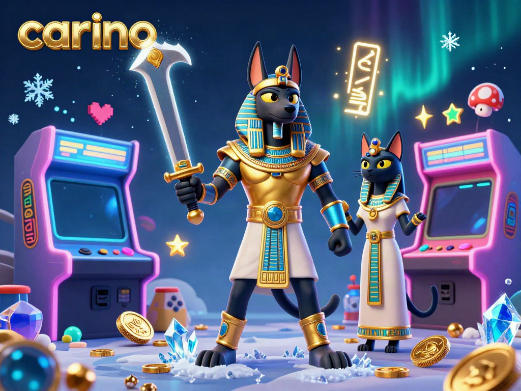 Experience the thrilling ambiance of carino with Anubis and Bastet amidst vibrant casino elements.