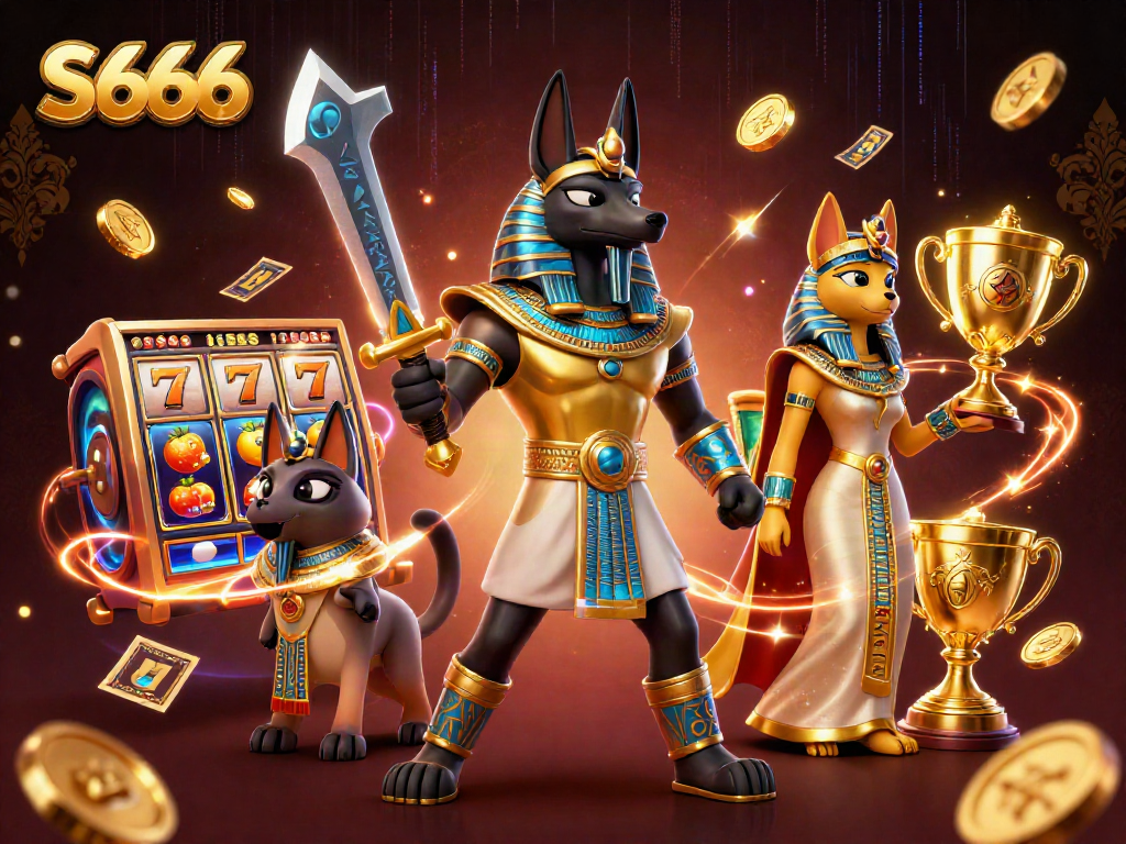 S666 players enjoying dynamic casino action with Anubis and Bastet, surrounded by vibrant slot machines.