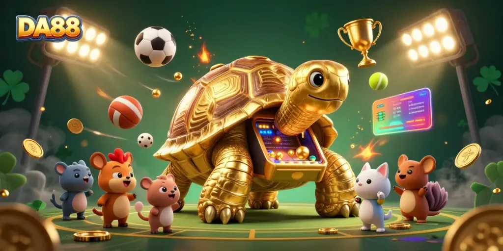 Experience DA88 with a vibrant casino-themed scene featuring golden tortoise pinball and excited animals.