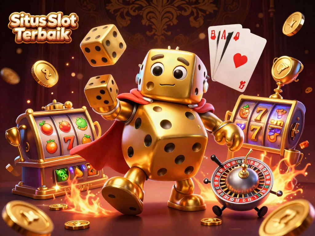 Experience thrilling wins at Situs Slot Terbaik with a vibrant 3D casino scene featuring golden dice and slot symbols.