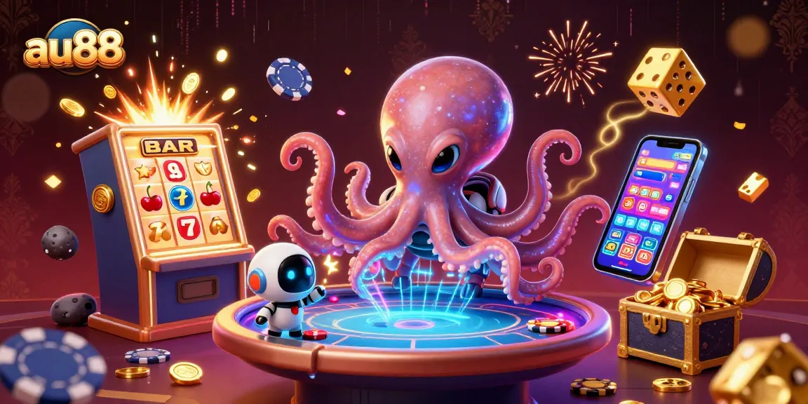 Engage with au88 as an alien octopus operates a futuristic poker table surrounded by dynamic casino elements.