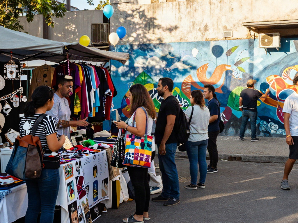 A bustling urban marketplace scene showcasing shoppers enjoying hargatoto products in a lively atmosphere, with colorful merchandise and a vibrant street artist's mural.