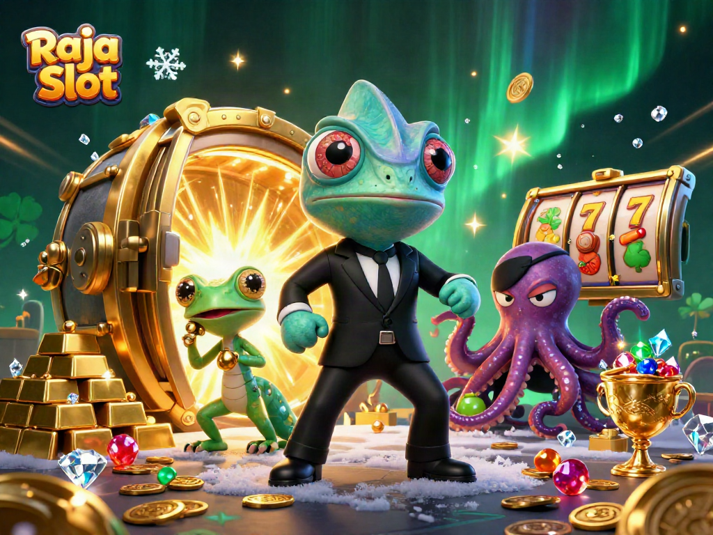 Engage with Raja Slot as colorful characters uncover treasure in a vibrant casino scene.