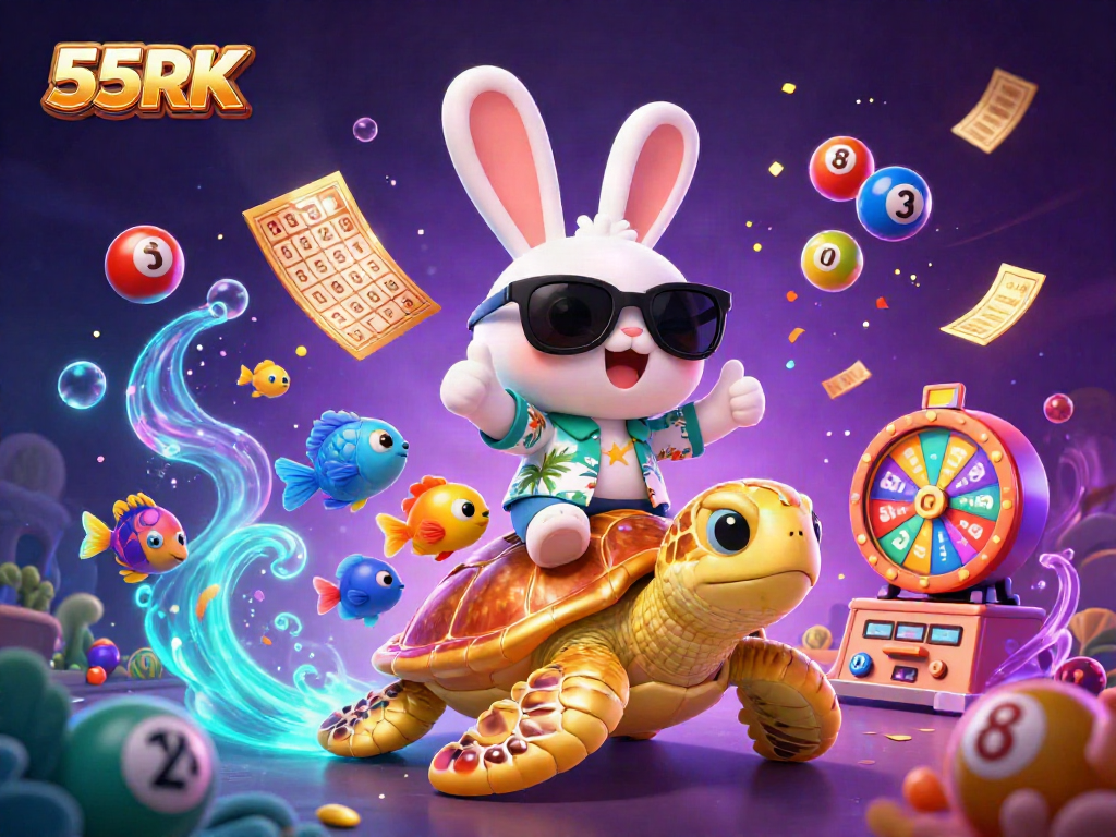 Experience thrilling lottery action with 55RK's dynamic illustration of fun, lucky characters.