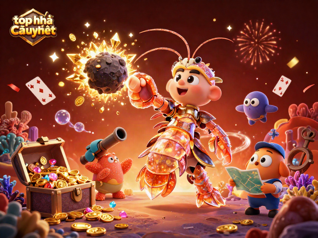 Engage in top nhà cái uy tín with vibrant animated characters amidst explosive treasure and casino elements.