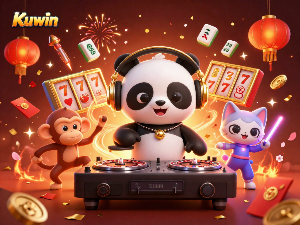 Kuwin offers vibrant 3D casino scene with DJ panda, breakdancing monkey, and rave kitten celebrating gaming.