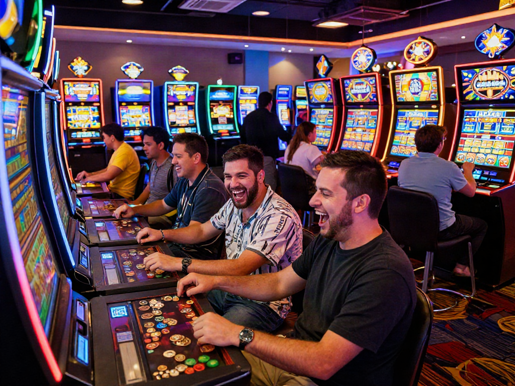 Players enjoying bandar slot games in a vibrant casino atmosphere