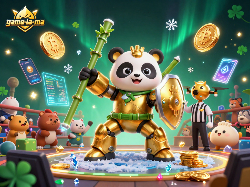 Experience thrilling action at game-la-ma with a mech-suit panda and crypto-themed casino flair.