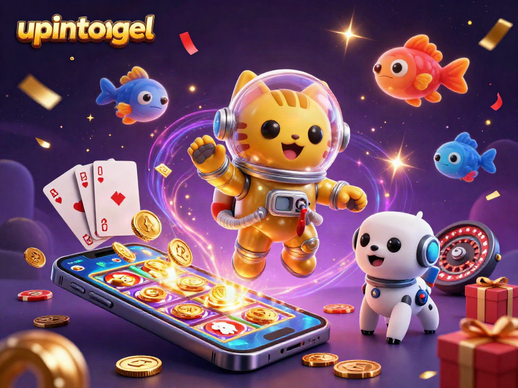 Slot online upintogel dengan astronaut kucing, robot anjing, dan elemen permainan kasino.