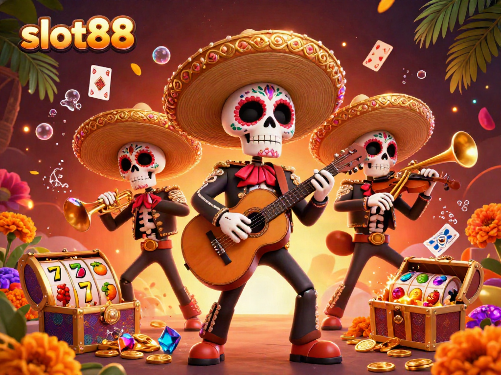 Rasakan keseruan memenangkan slot88 dengan ilustrasi mariachi perayaan penuh warna dan simbol permainan.