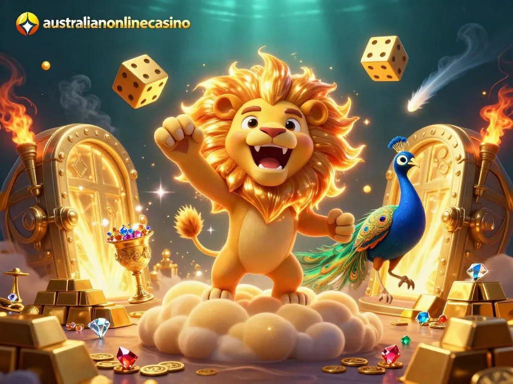 Play exciting games at australianonlinecasino with a vibrant 3D illustration of a lion and golden dice.
