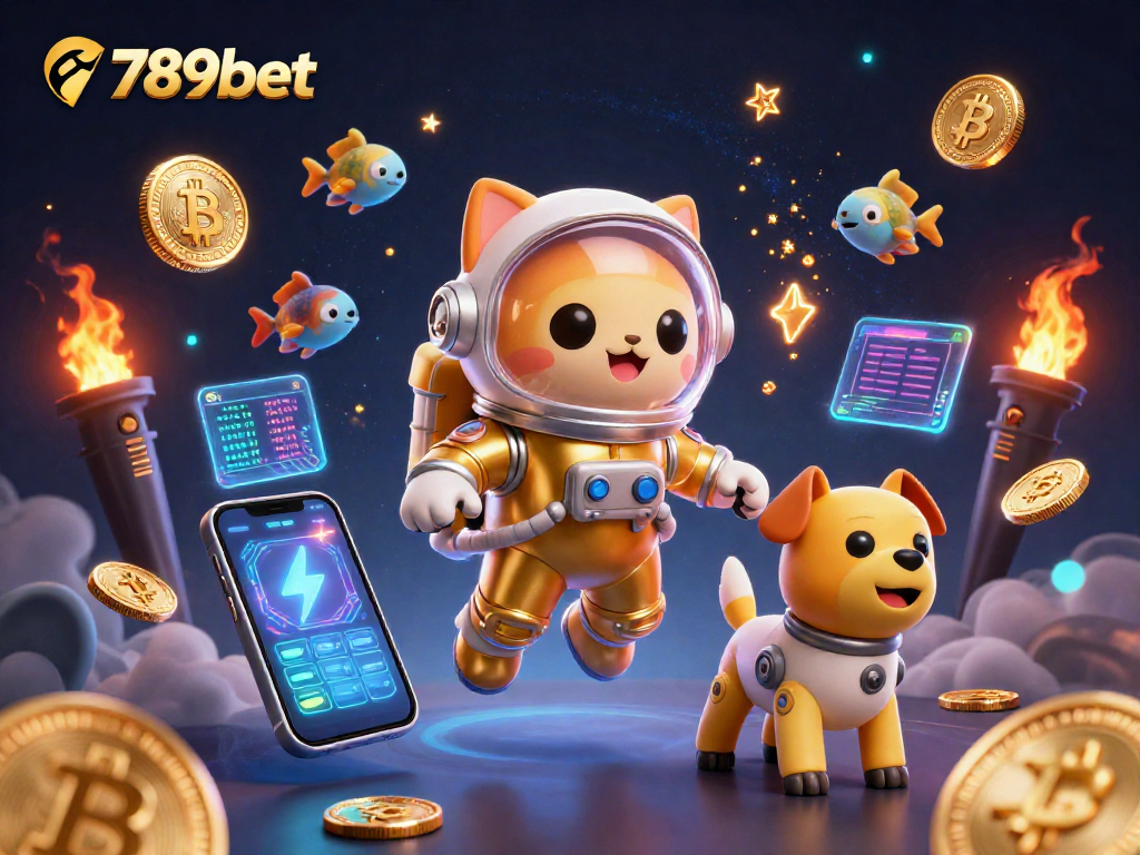 Experience the thrill of gaming at 789bet as a 3D astronaut cat and robot dog explore a space casino!