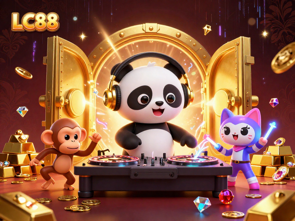 LC88 captures excitement with DJ panda, breakdancing monkey, and glow-stick kitten in a vibrant casino scene.