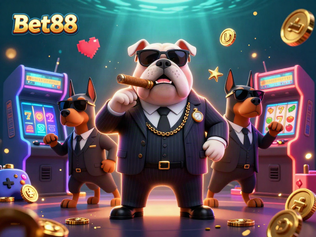 Experience excitement at Bet88 with a dynamic casino gaming scene featuring colorful elements and engaging characters.
