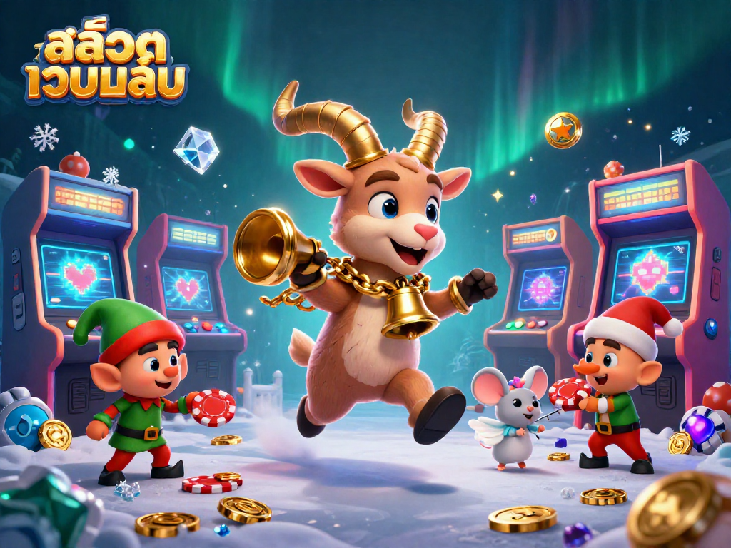 Experience the thrill of สล็อตเว็บตรง with vibrant gaming elements and whimsical characters in a festive casino.