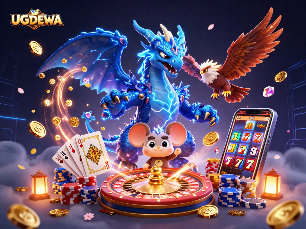 Engage with UGDEWA as vibrant casino characters celebrate wins with a thunder dragon and glowing hawk.